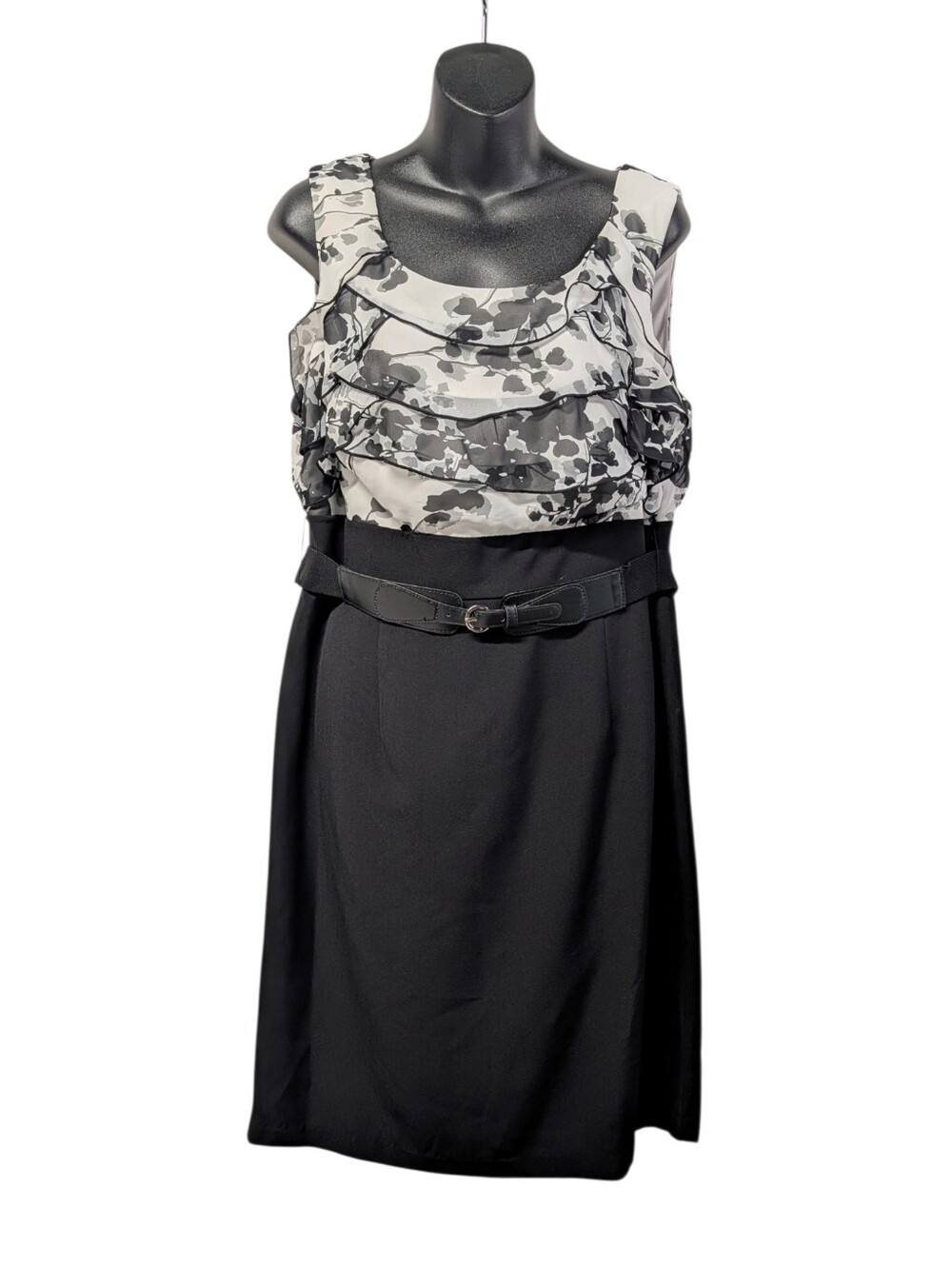 maurices Women's 14 Black White Gray Floral Ruffle Belted Sheath Dress NWT